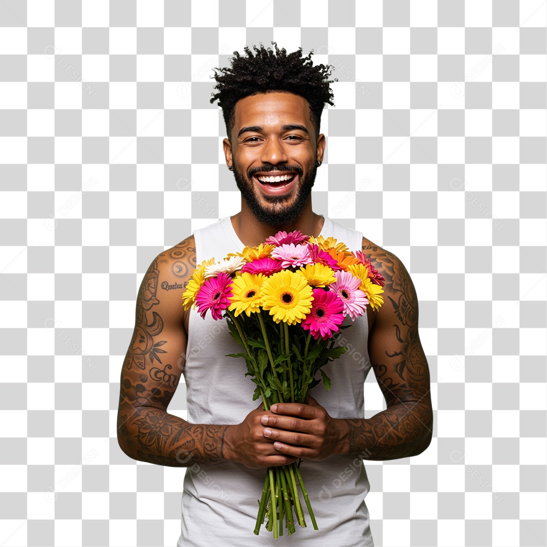 Homem com Buquê de Flores PNG Transparente