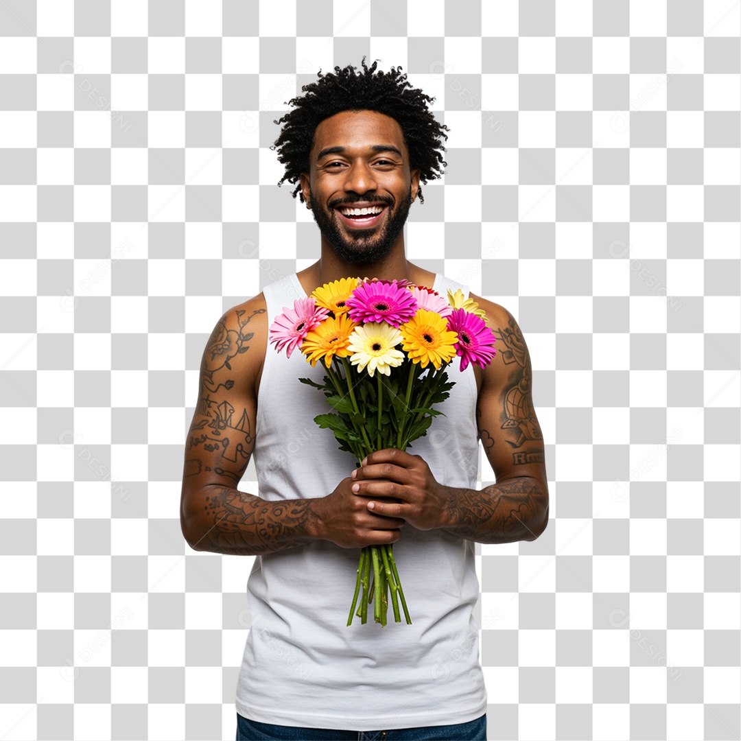 Homem com Buquê de Flores PNG Transparente