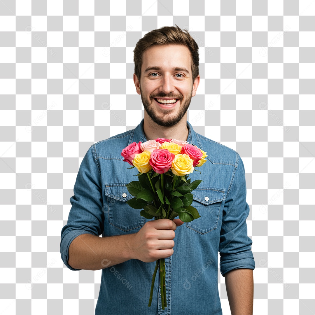 Homem com Buquê de Flores PNG Transparente
