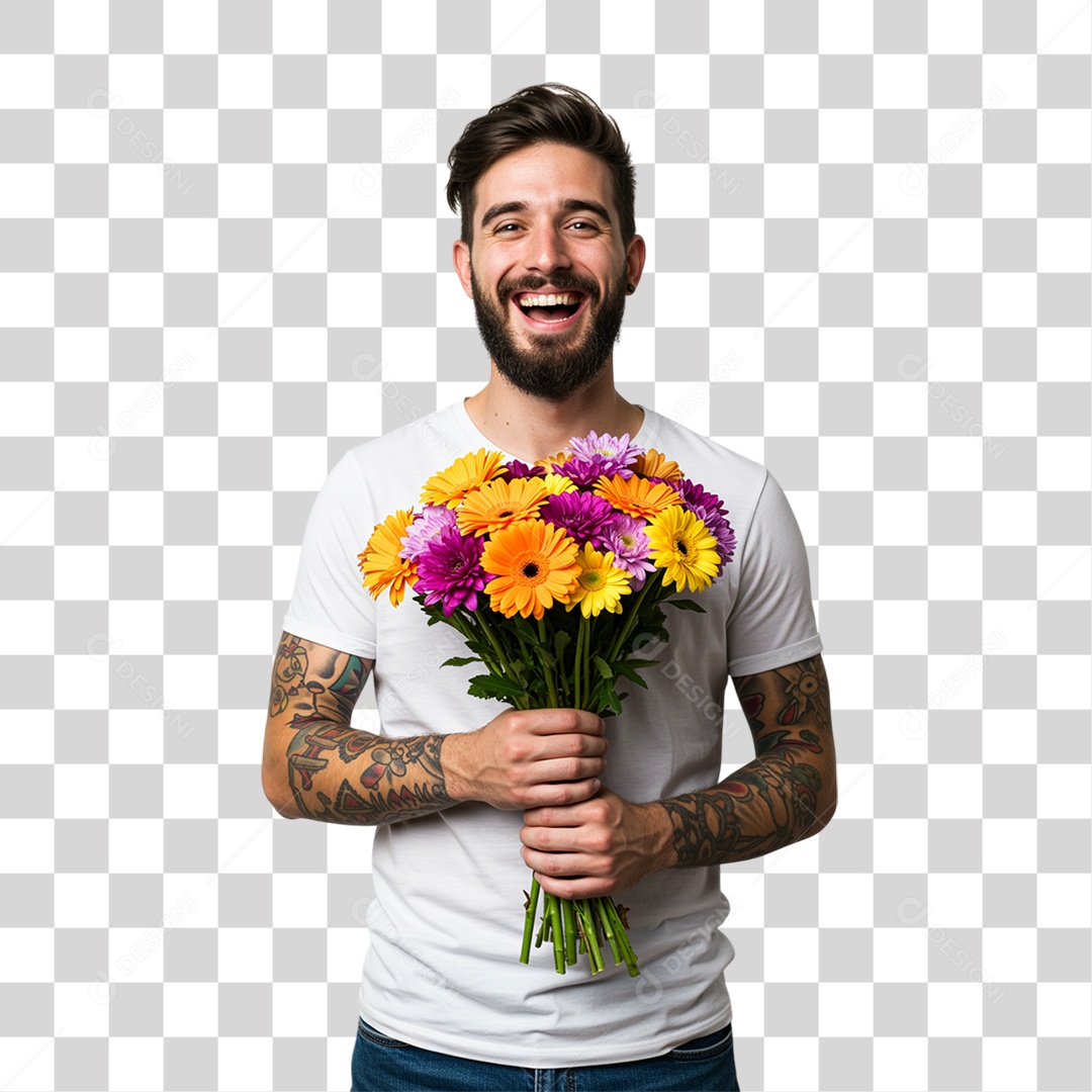 Homem com Buquê de Flores PNG Transparente