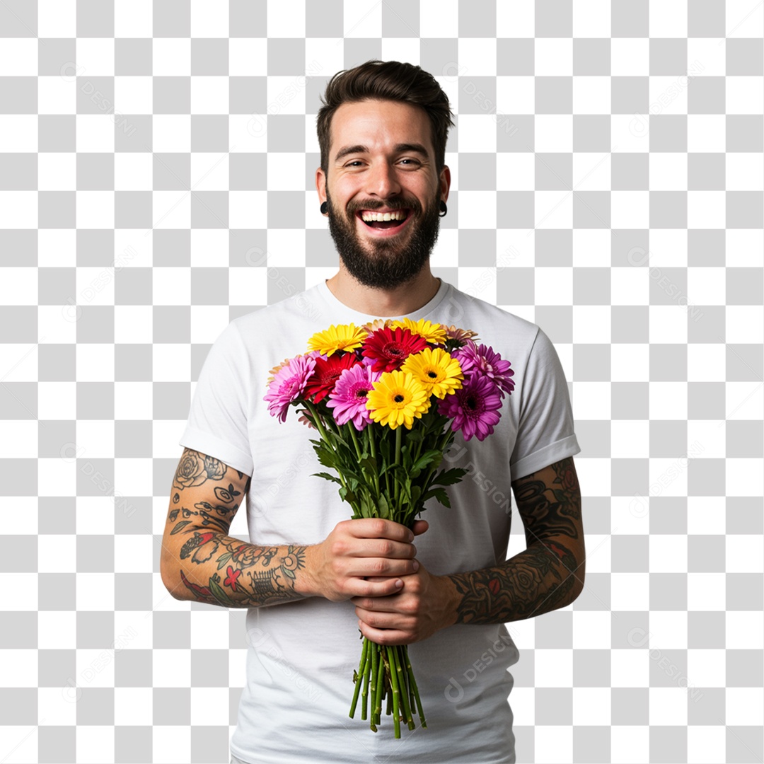 Homem com Buquê de Flores PNG Transparente