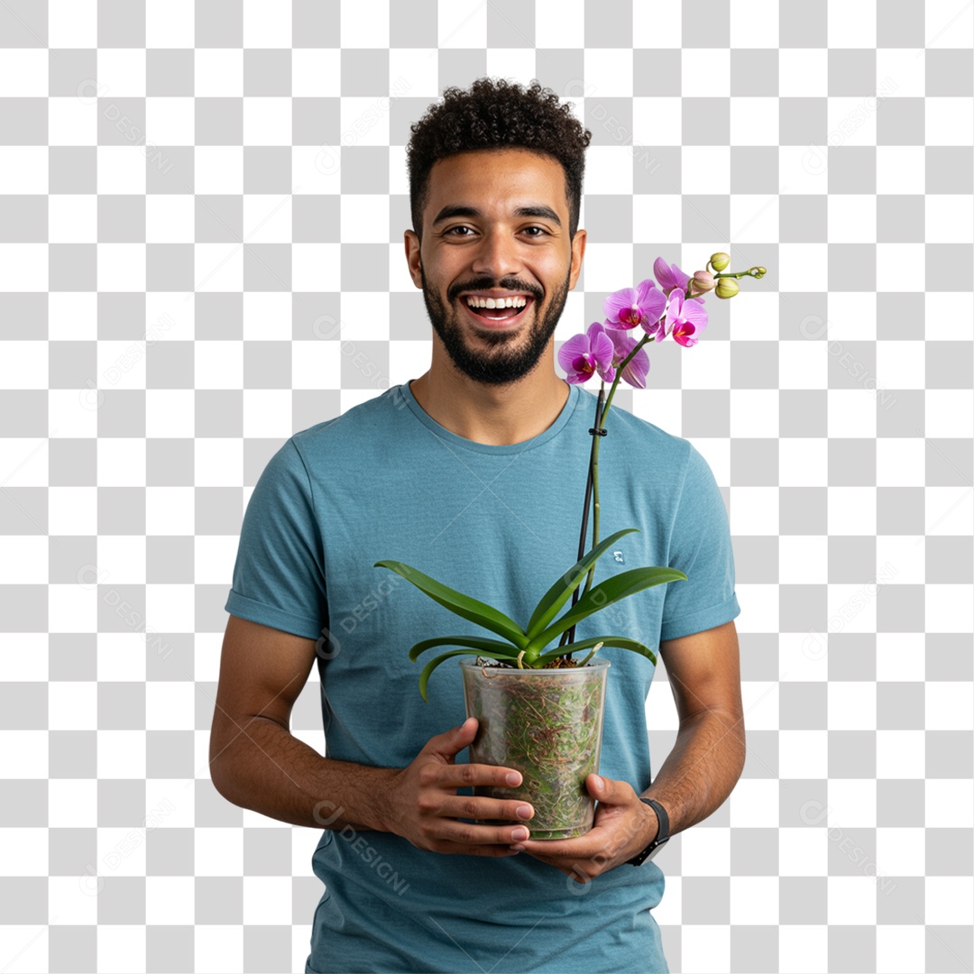 Homem com Vaso de Plantas PNG Transparente