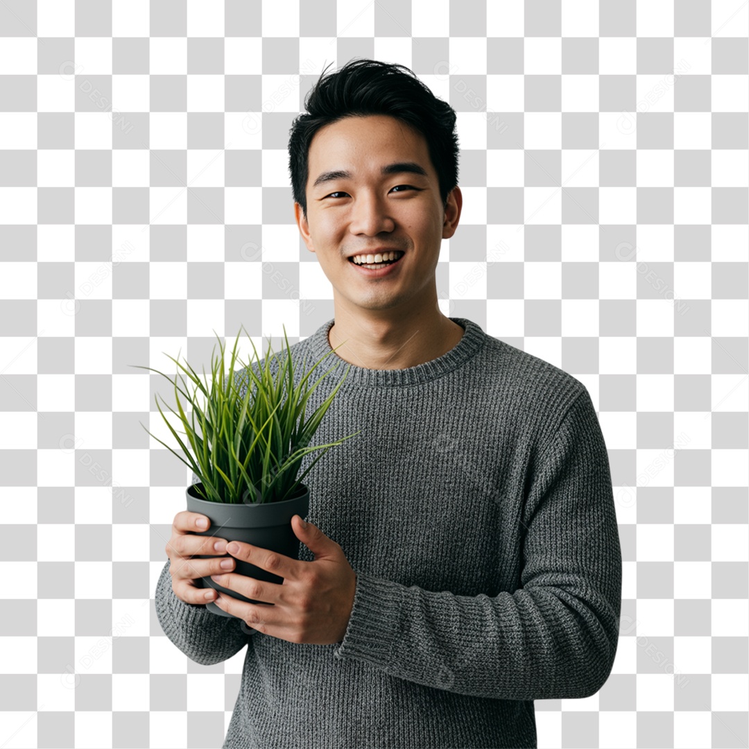 Homem com Vaso de Plantas PNG Transparente