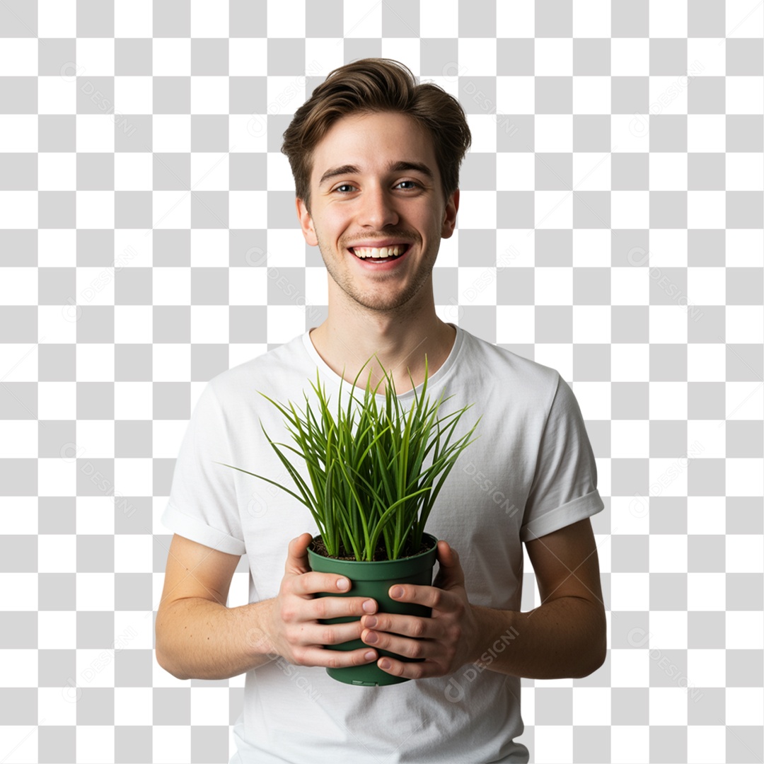 Homem com Vaso de Plantas PNG Transparente