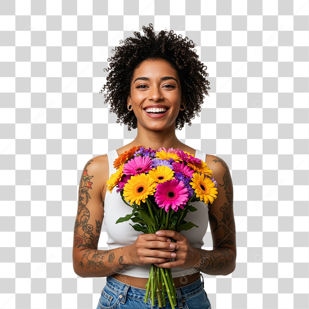 Mulher com Buquê de Flores PNG Transparente