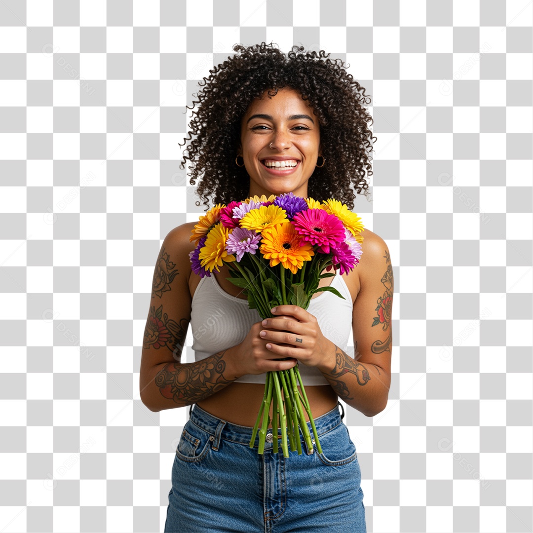 Mulher com Buquê de Flores PNG Transparente