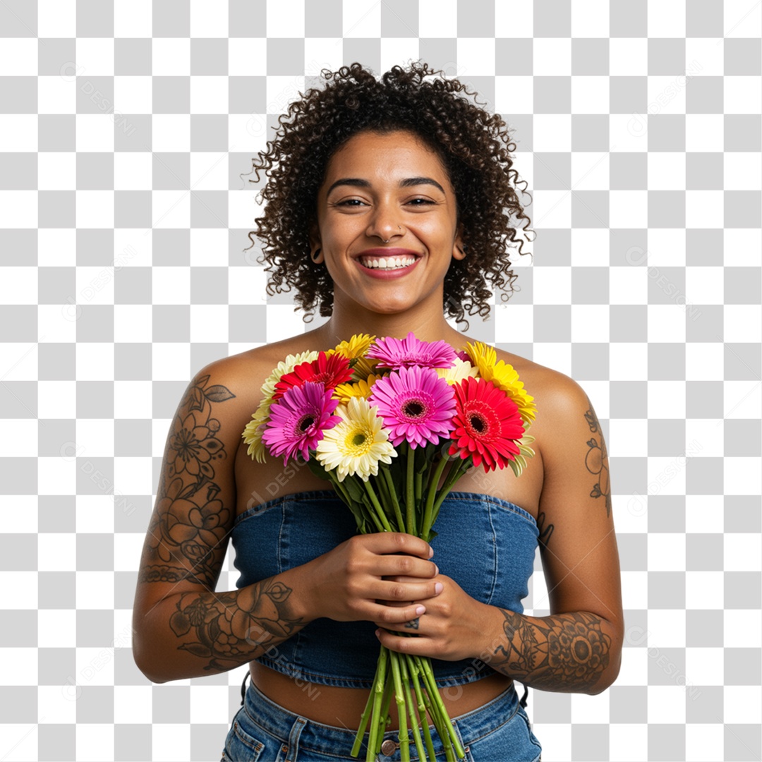 Mulher com Buquê de Flores PNG Transparente