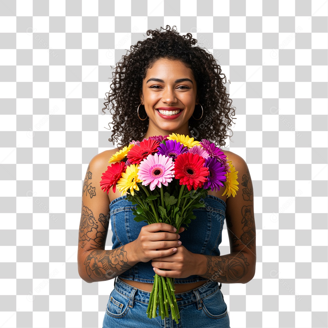 Mulher com Buquê de Flores PNG Transparente