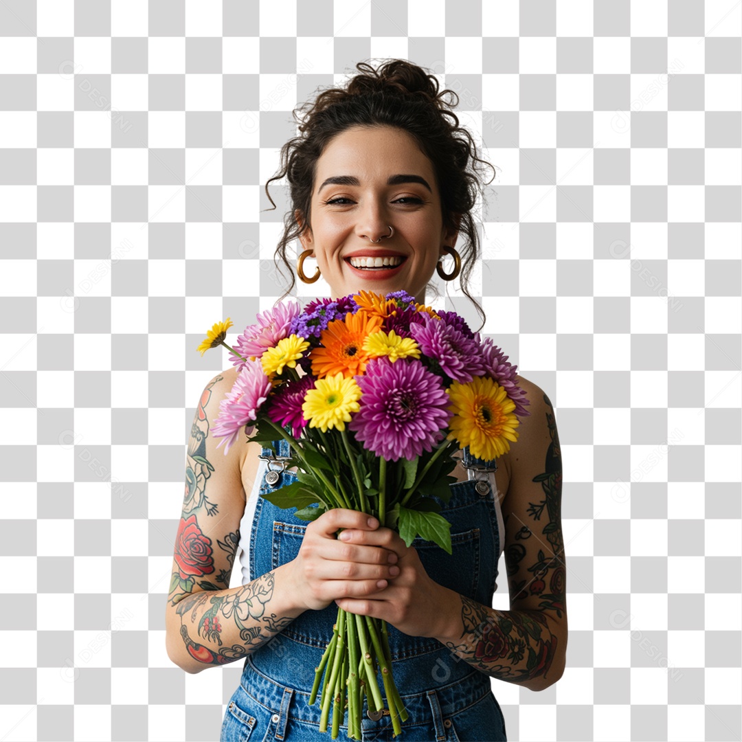 Mulher com Buquê de Flores PNG Transparente