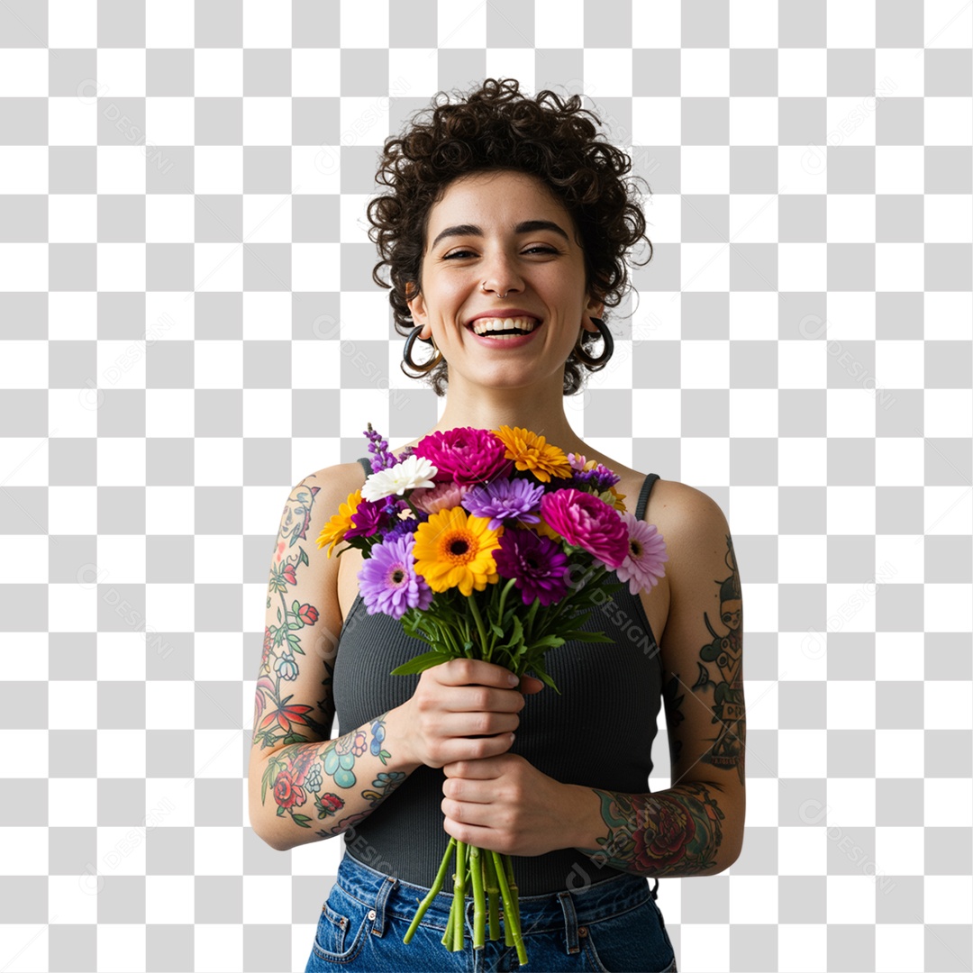 Mulher com Buquê de Flores PNG Transparente