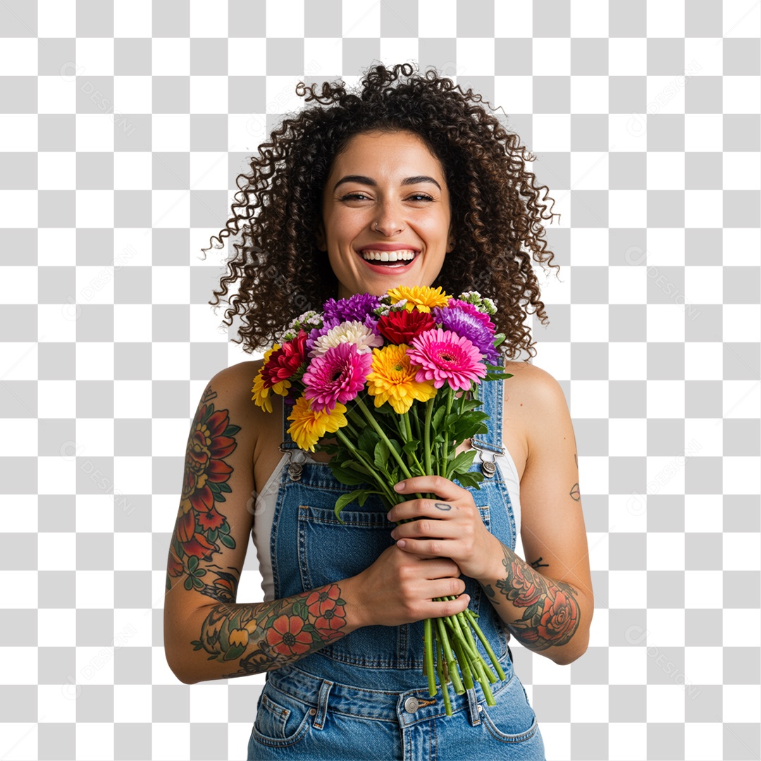 Mulher com Buquê de Flores PNG Transparente