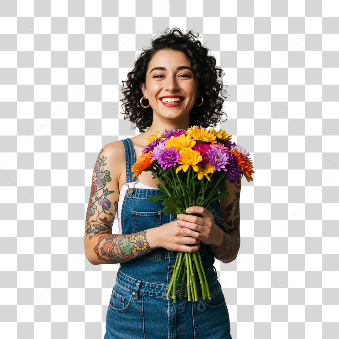 Mulher com Buquê de Flores PNG Transparente