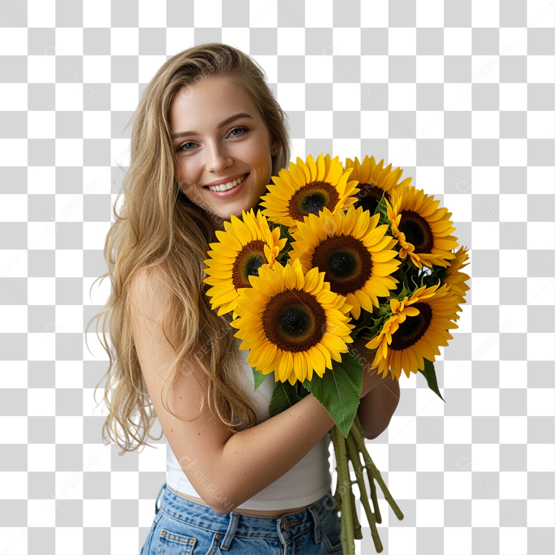 Mulher com Buquê de Flores PNG Transparente