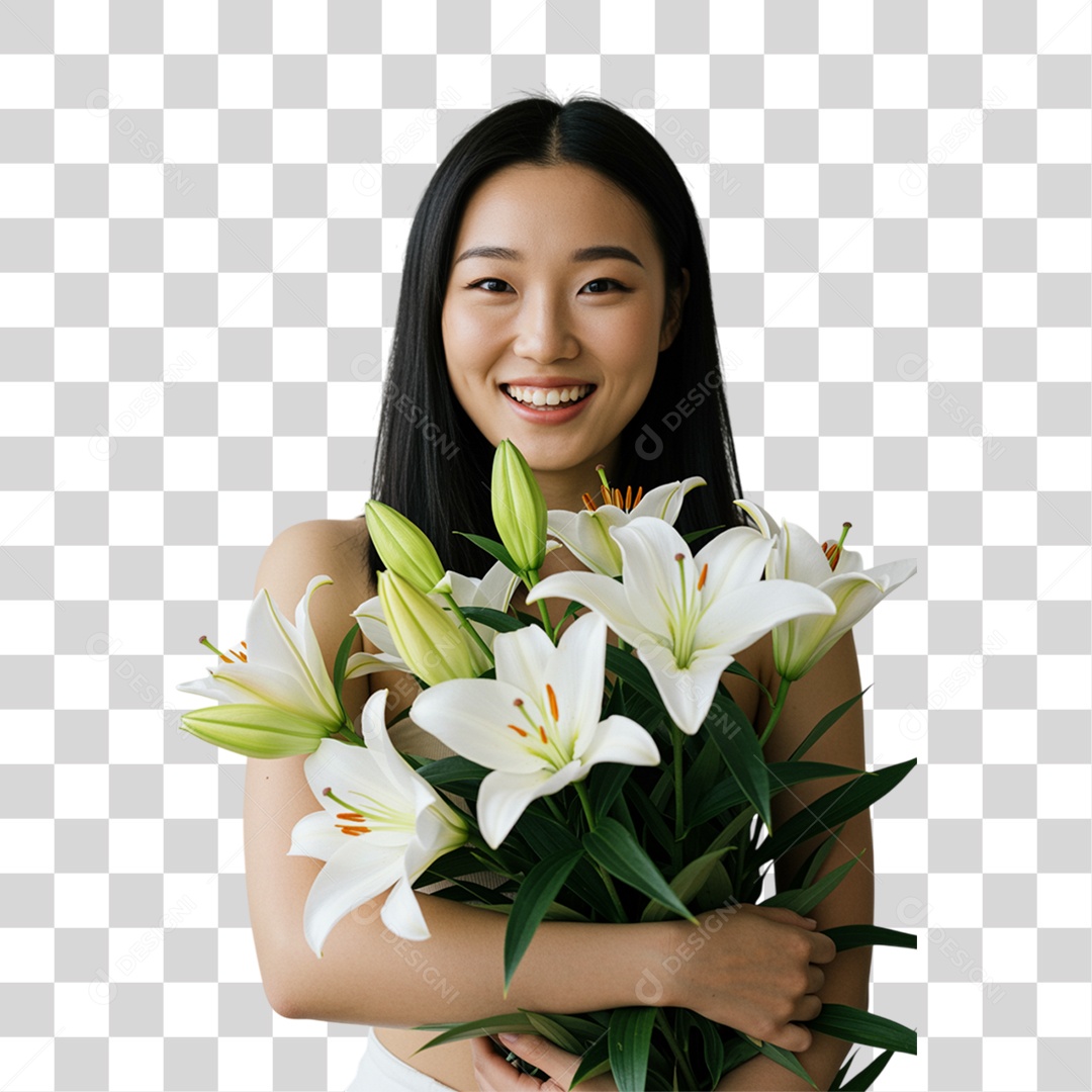 Mulher com Buquê de Flores PNG Transparente