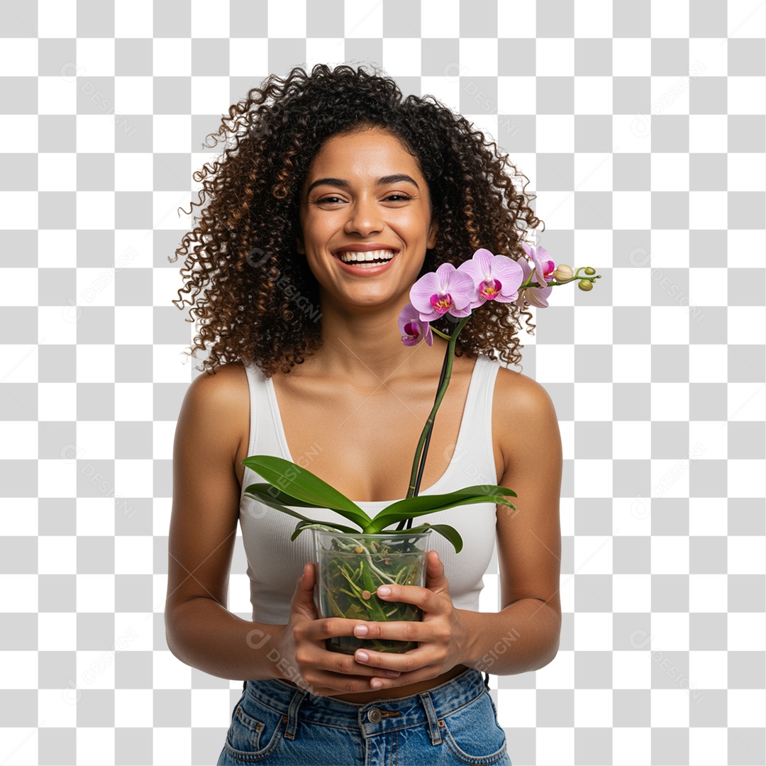 Mulher com Vaso de Plantas PNG Transparente