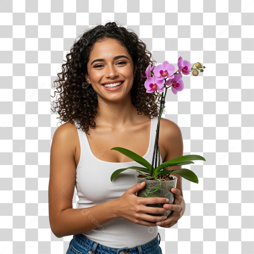 Mulher com Vaso de Plantas PNG Transparente