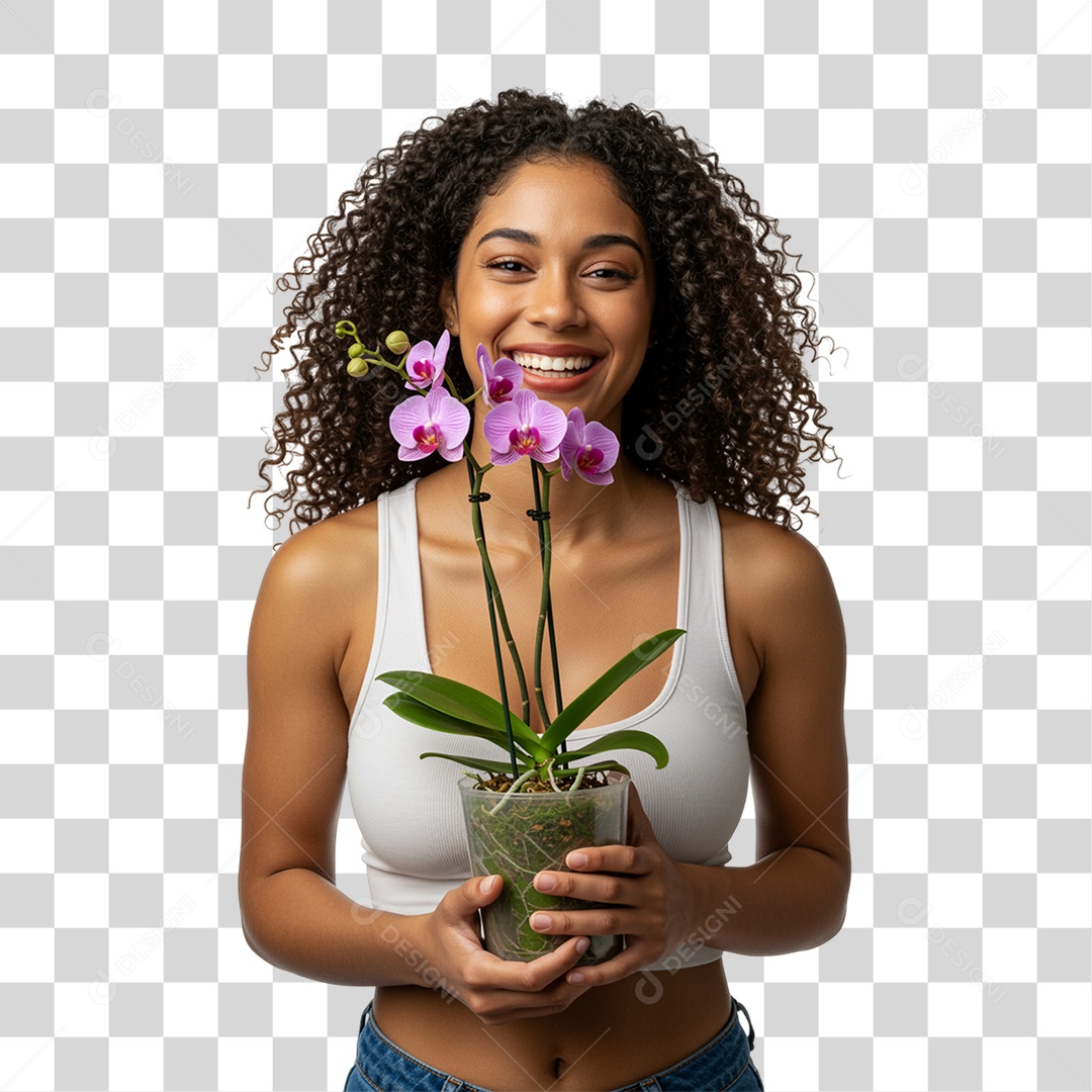 Mulher com Vaso de Plantas PNG Transparente