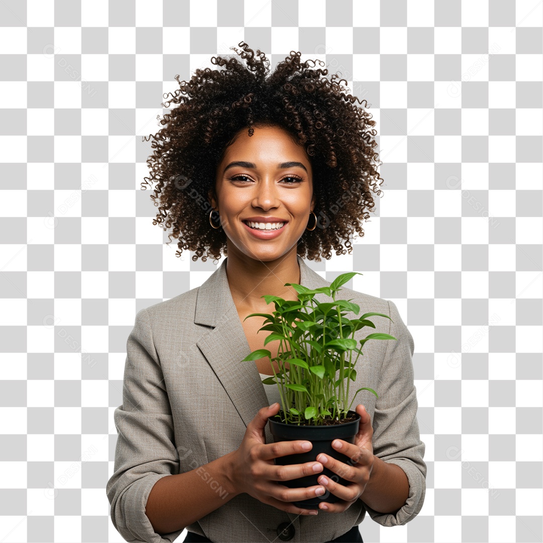 Mulher com Vaso de Plantas PNG Transparente