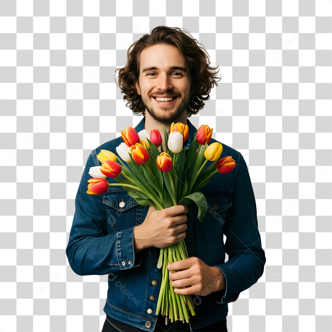 Homem com Buquê de Flores PNG Transparente
