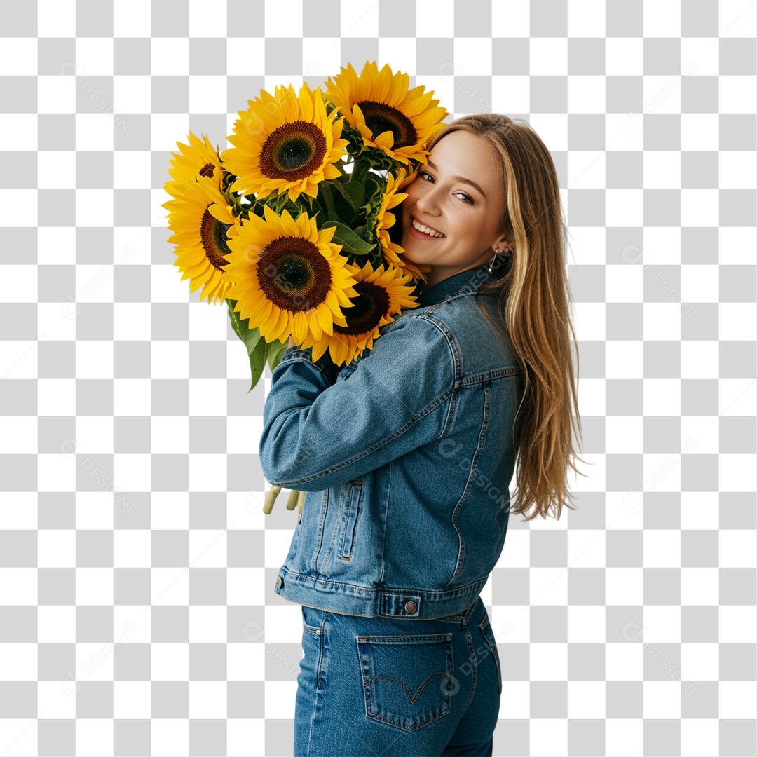 Mulher com Buquê de Flores PNG Transparente