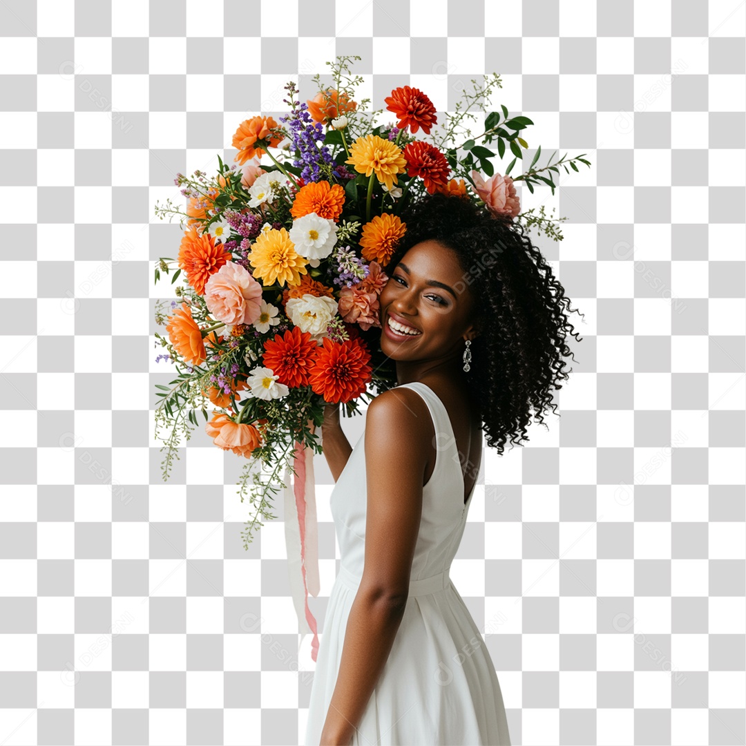 Mulher com Buquê de Flores PNG Transparente
