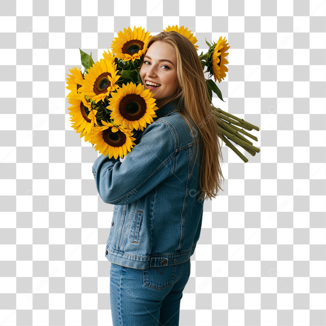 Mulher com Buquê de Flores PNG Transparente