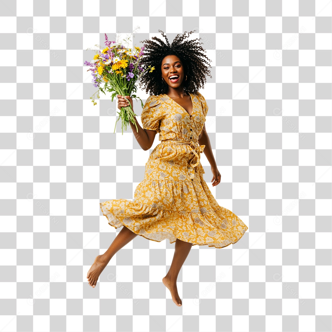 Mulher com Buquê de Flores PNG Transparente