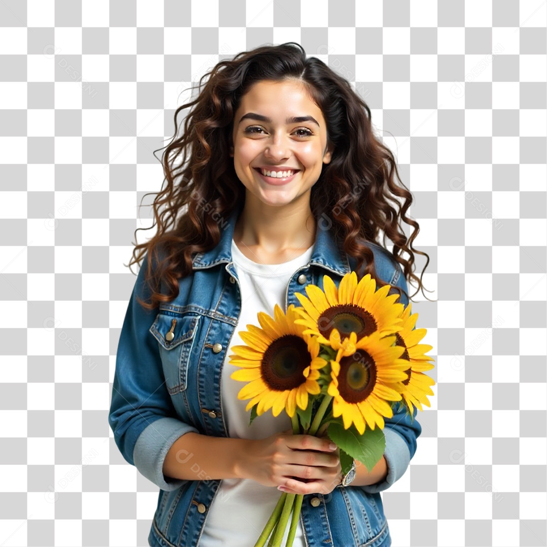 Mulher com Buquê de Flores PNG Transparente