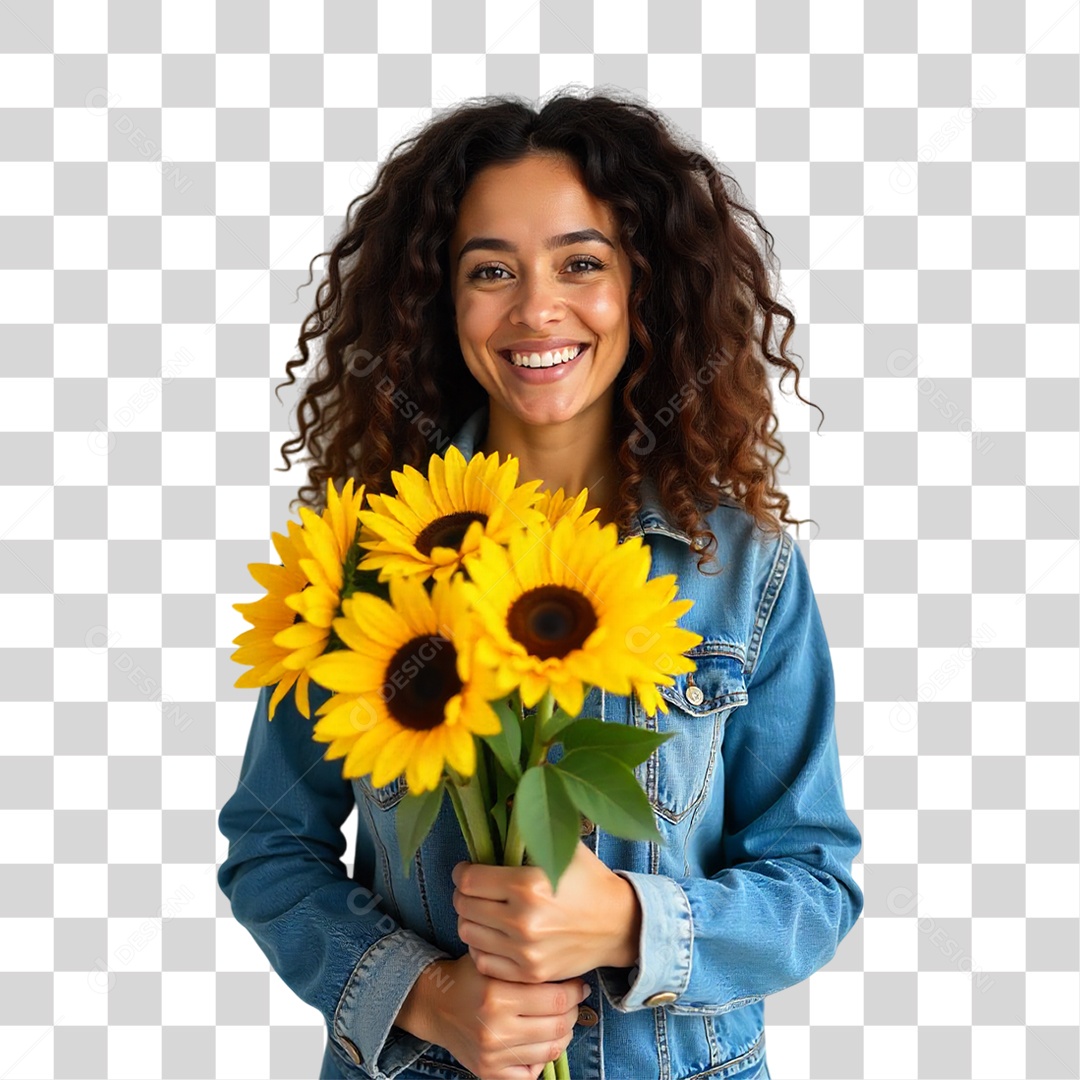 Mulher com Buquê de Flores PNG Transparente