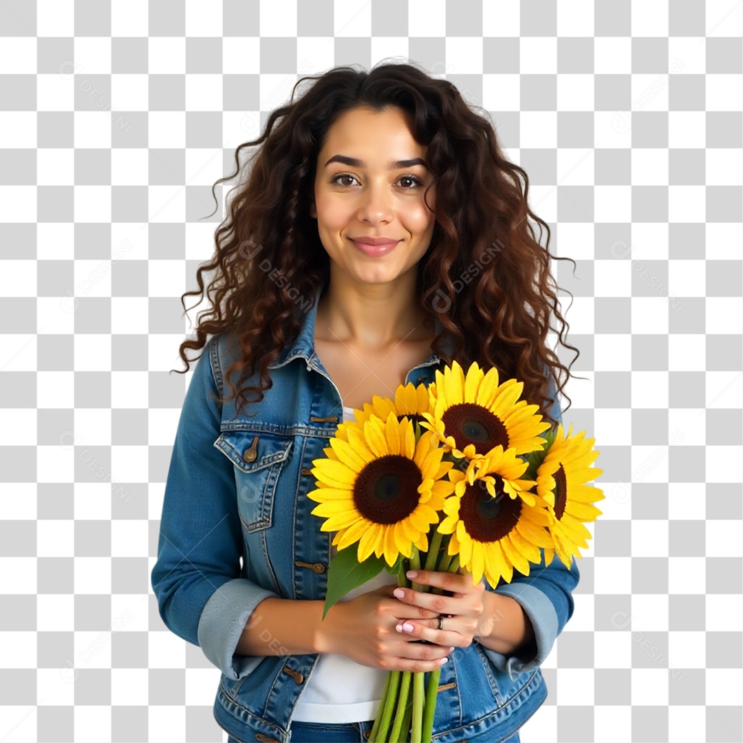 Mulher com Buquê de Flores PNG Transparente