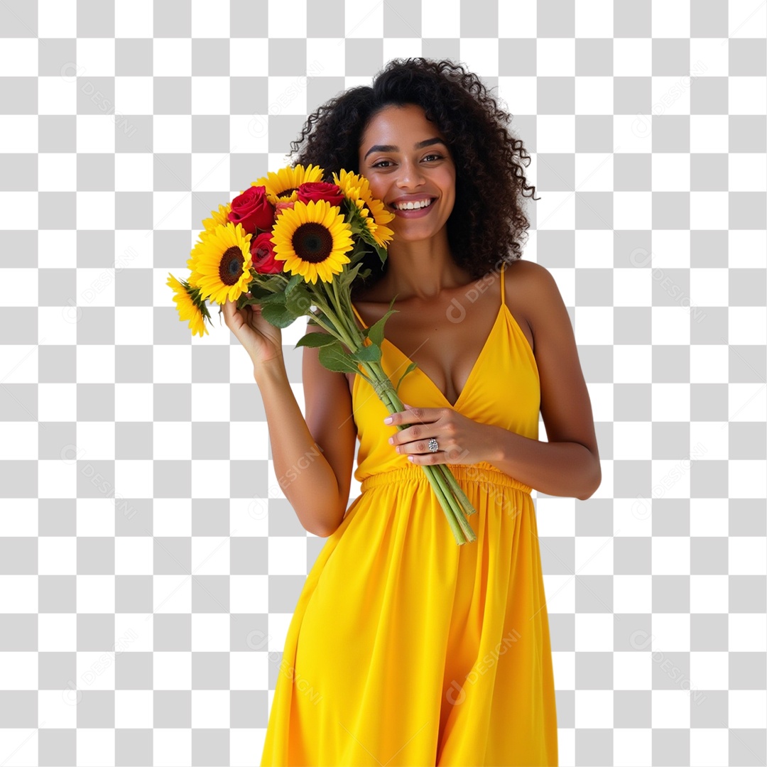 Mulher com Buquê de Flores PNG Transparente
