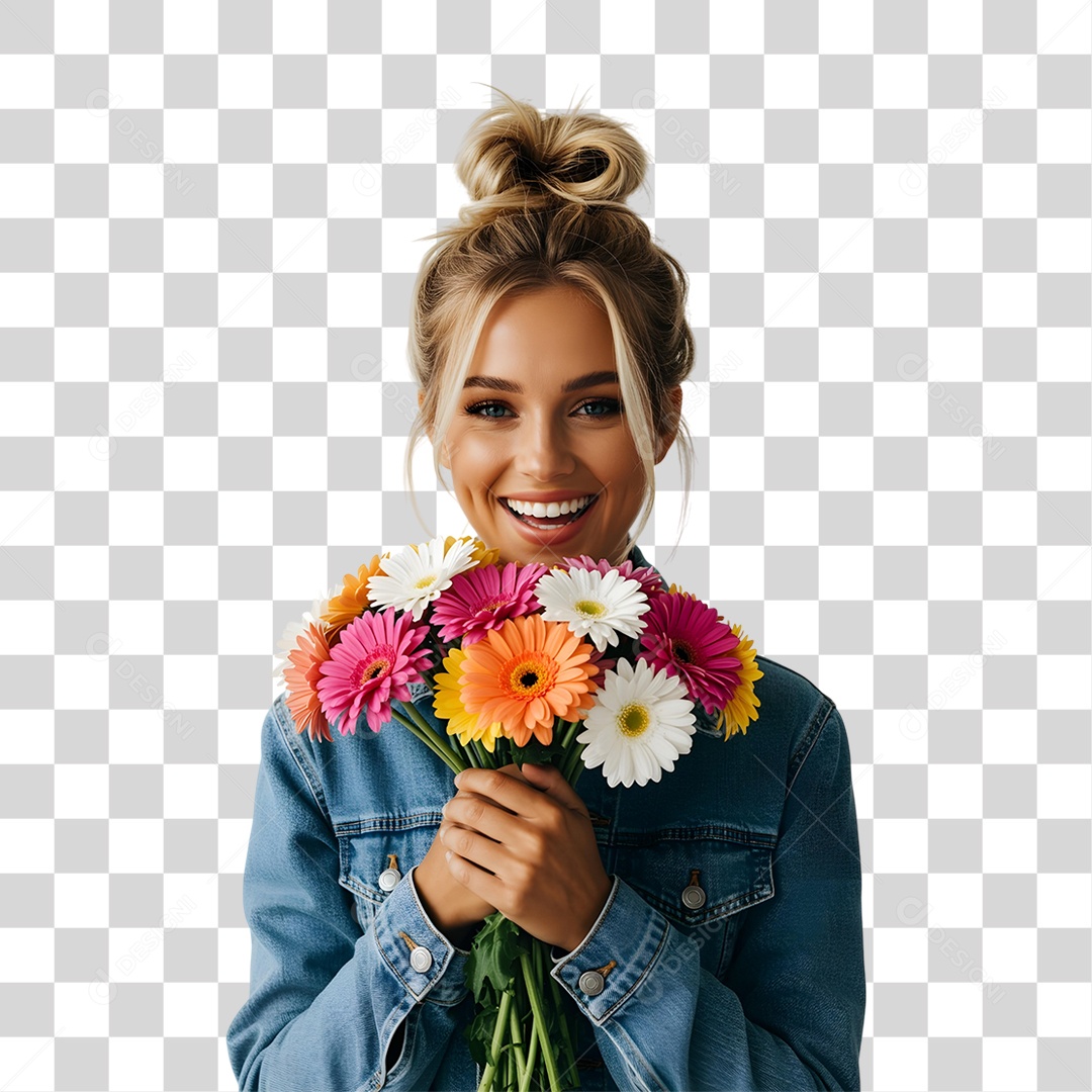 Mulher com Buquê de Flores PNG Transparente