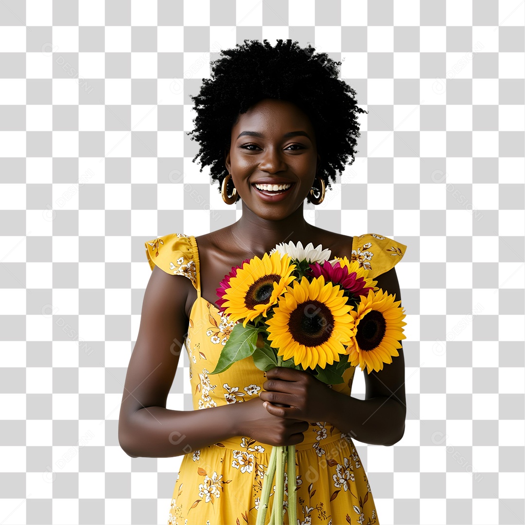 Mulher com Buquê de Plantas PNG Transparente