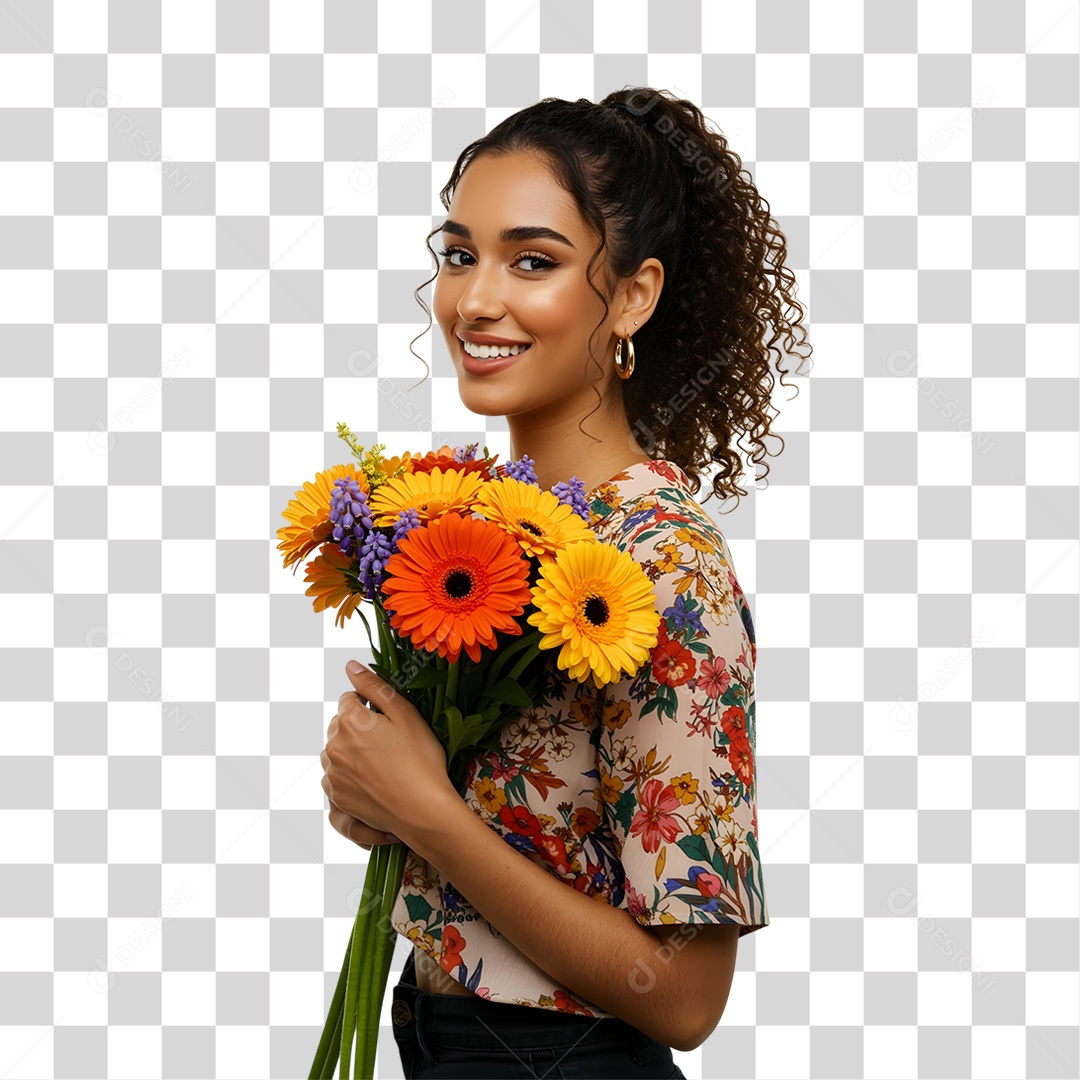 Mulher com Buquê de Plantas PNG Transparente