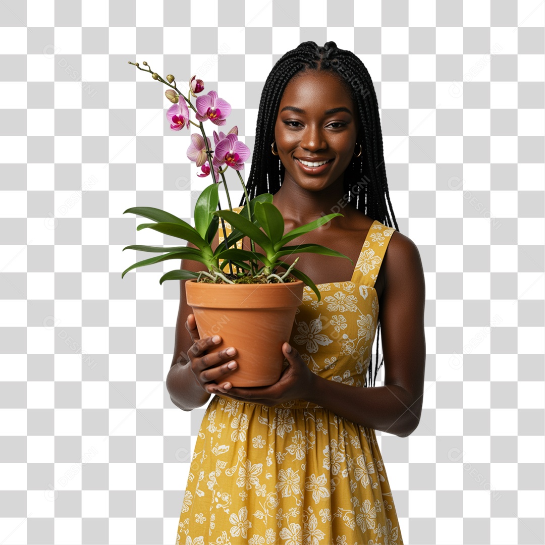 Mulher com Vaso de Plantas PNG Transparente