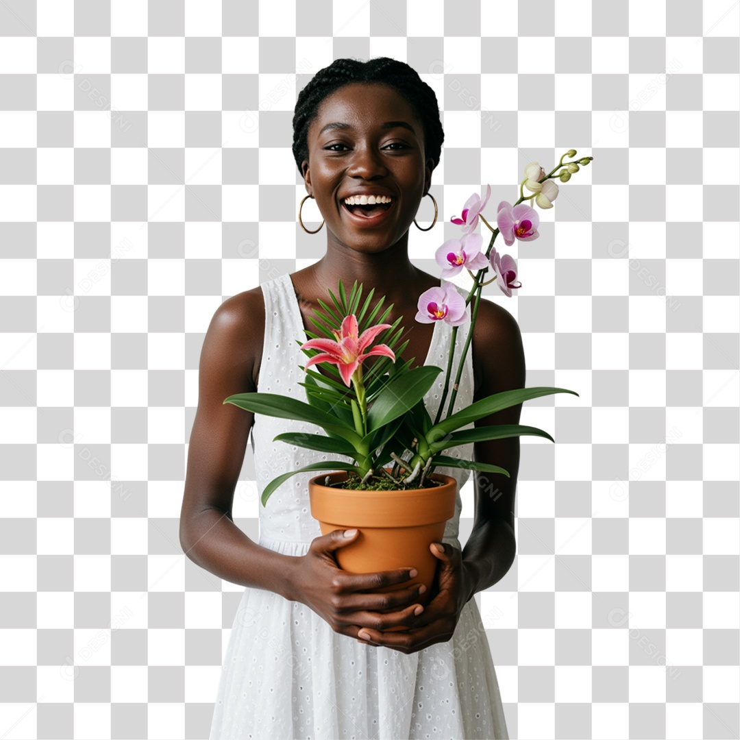 Mulher com Vaso de Plantas PNG Transparente