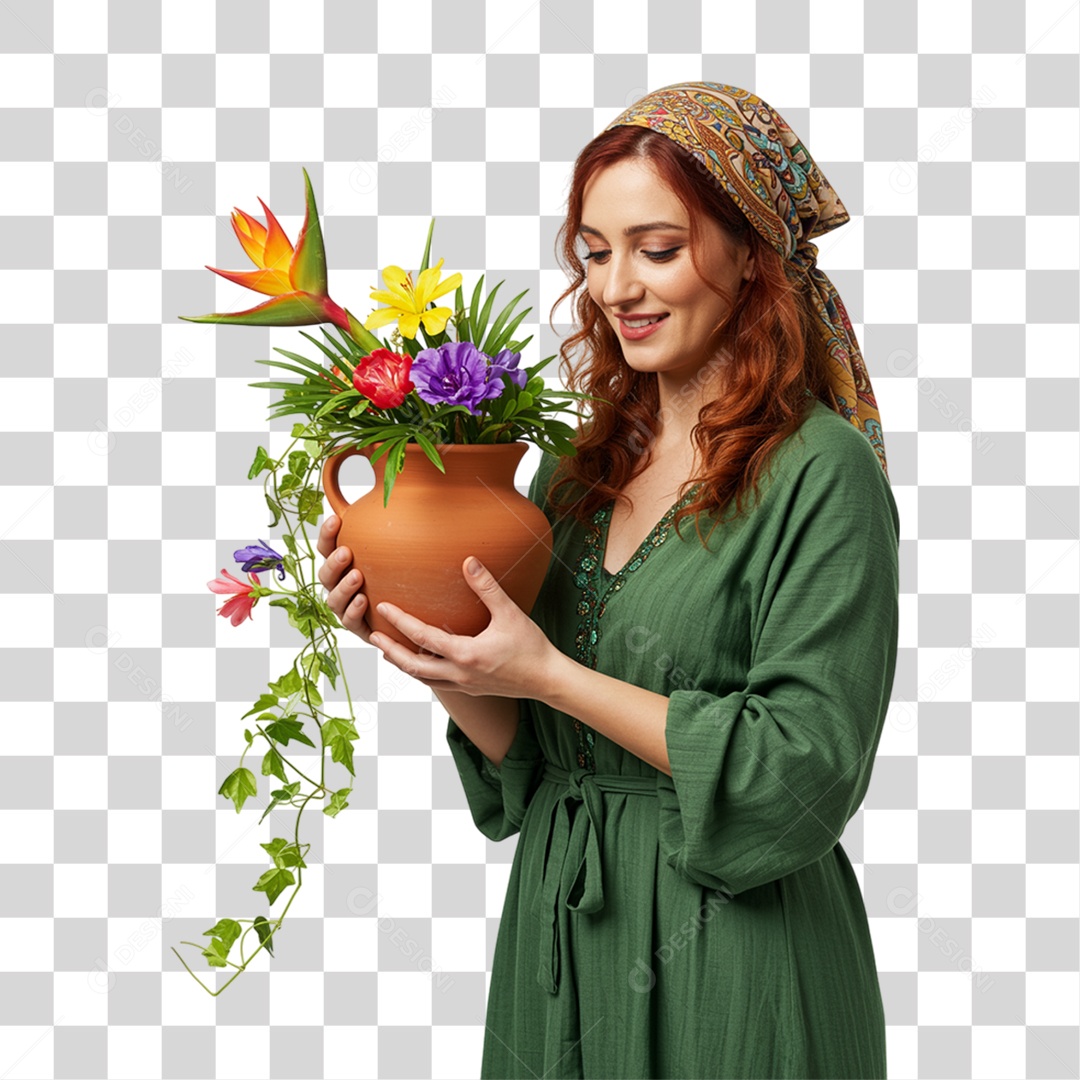 Mulher com Vaso de Plantas PNG Transparente