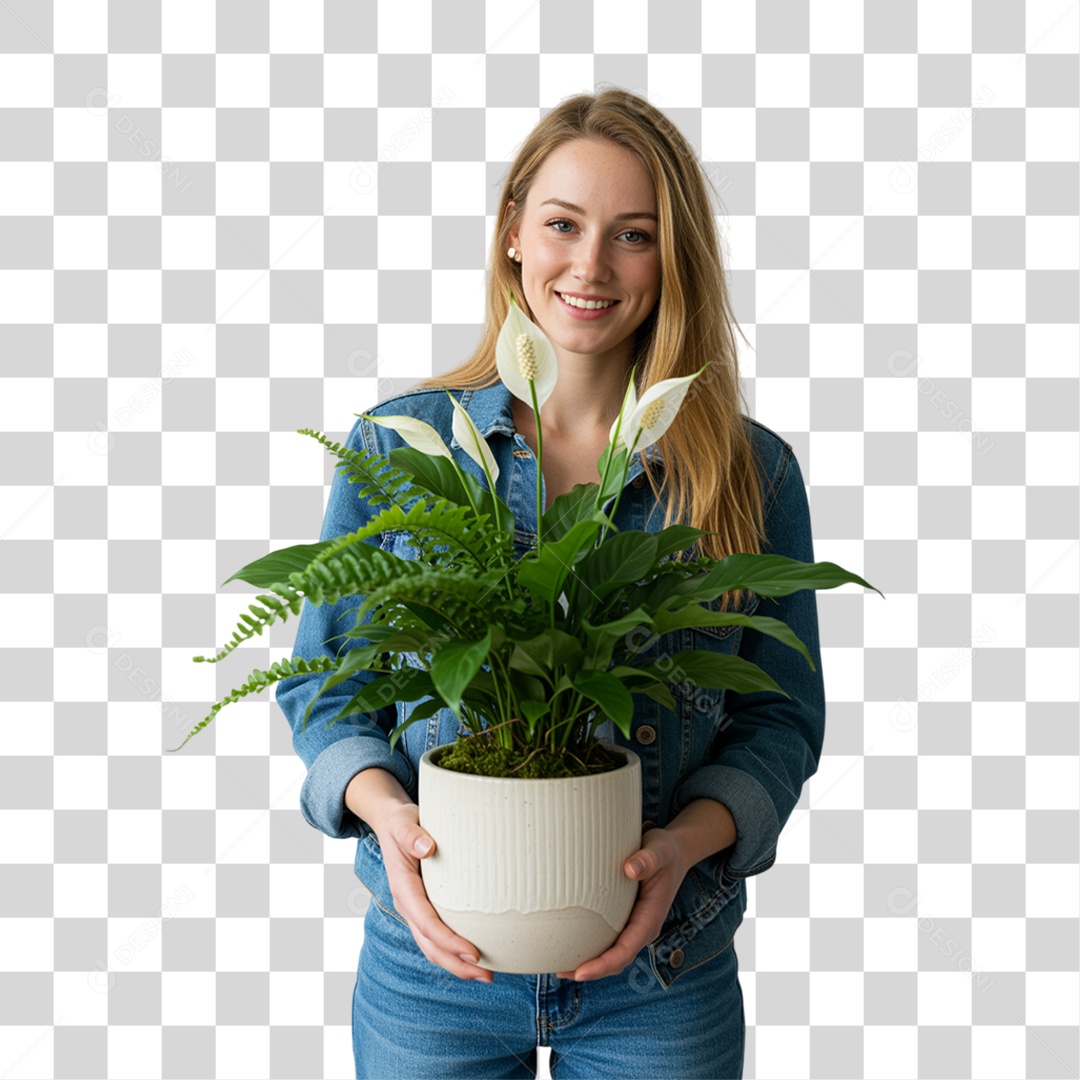 Mulher com Vaso de Plantas PNG Transparente