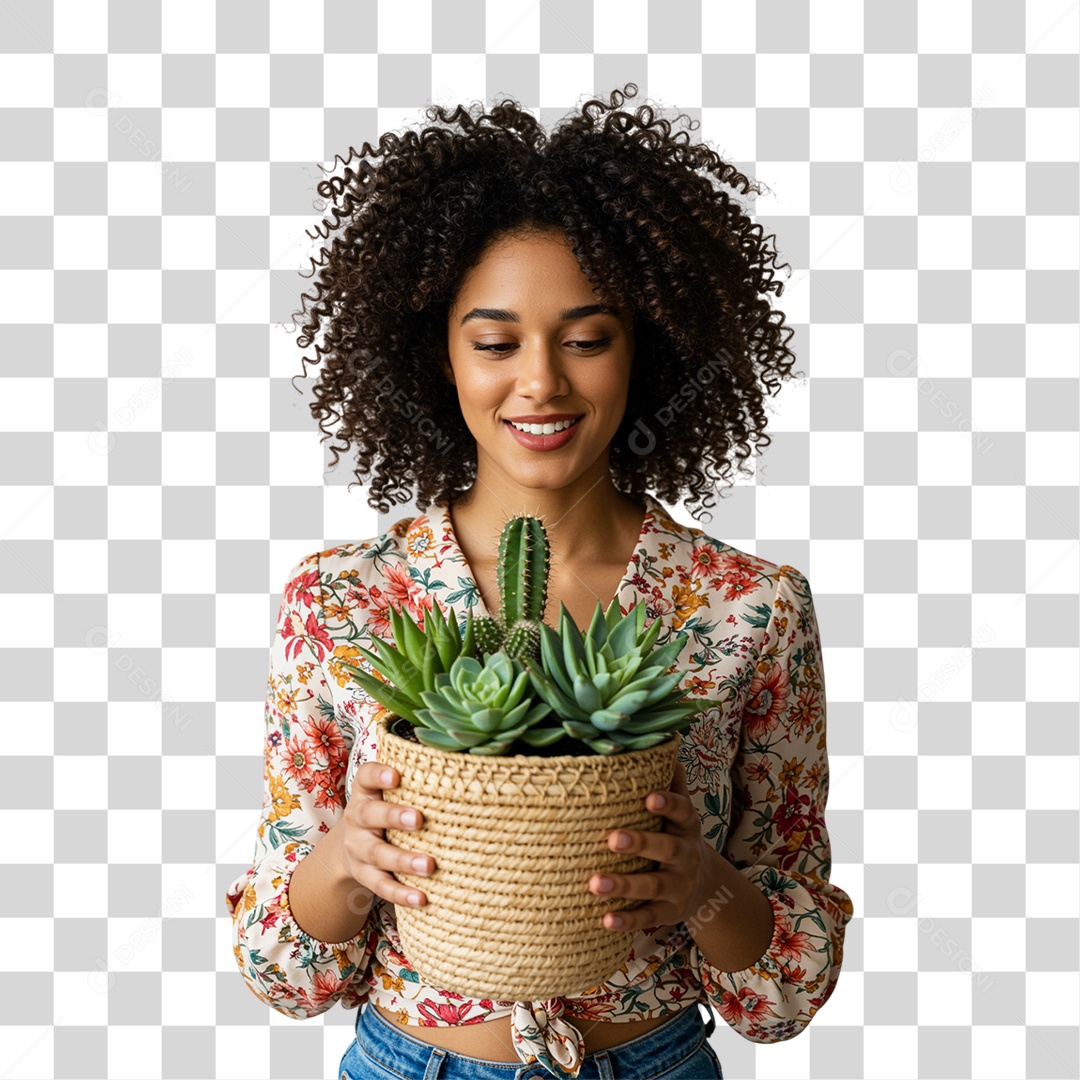 Mulher com Vaso de Plantas PNG Transparente