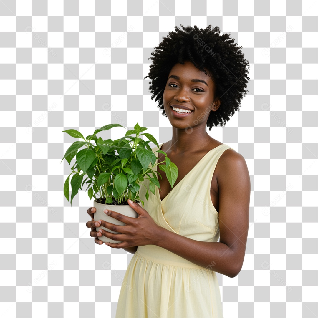 Mulher com Vaso de Plantas PNG Transparente
