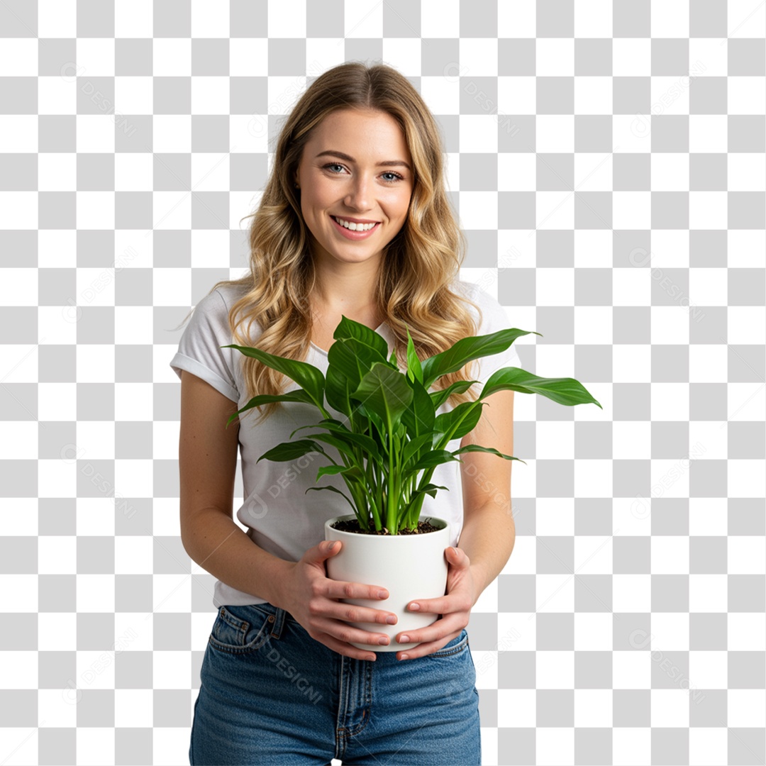 Mulher com Vaso de Plantas PNG Transparente