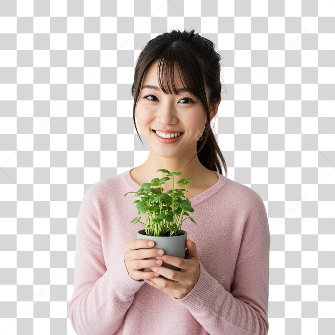 Mulher com Vaso de Plantas PNG Transparente