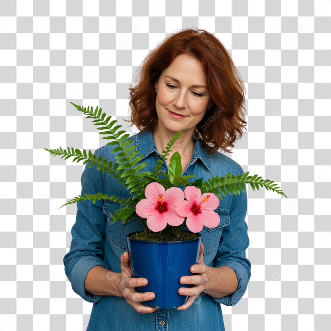 Mulher com Vaso de Plantas PNG Transparente