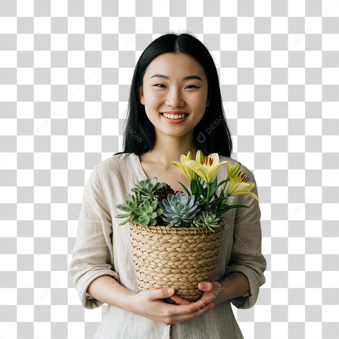 Mulher com Vaso de Plantas PNG Transparente