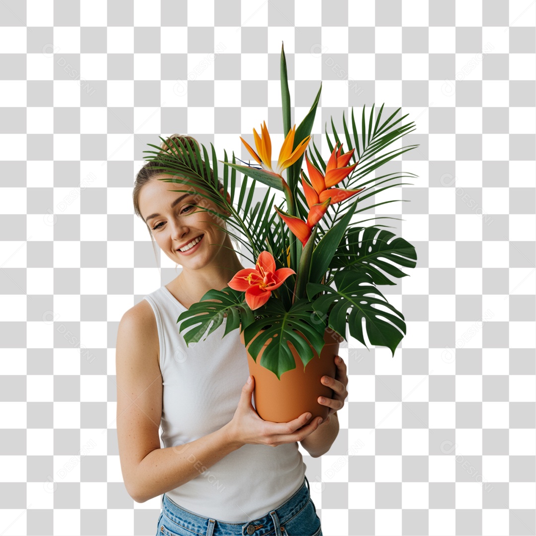 Mulher com Vaso de Plantas PNG Transparente