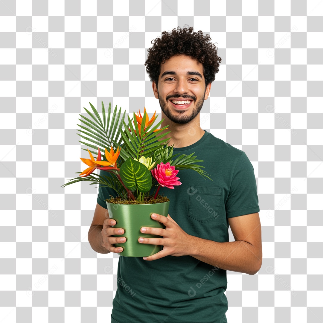 Homem com Vaso de Plantas PNG Transparente