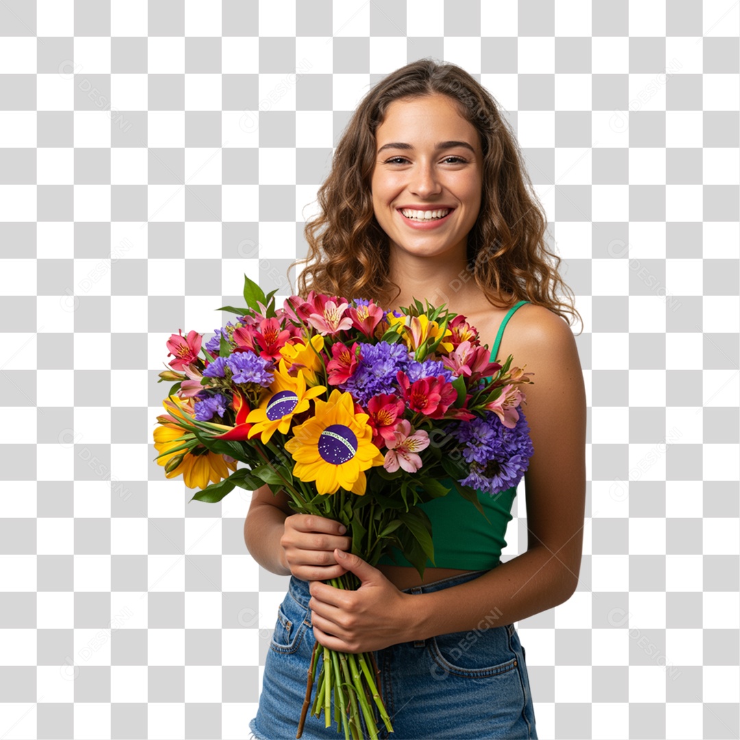 Mulher Segurando um Buquê de Flores PNG Transparente