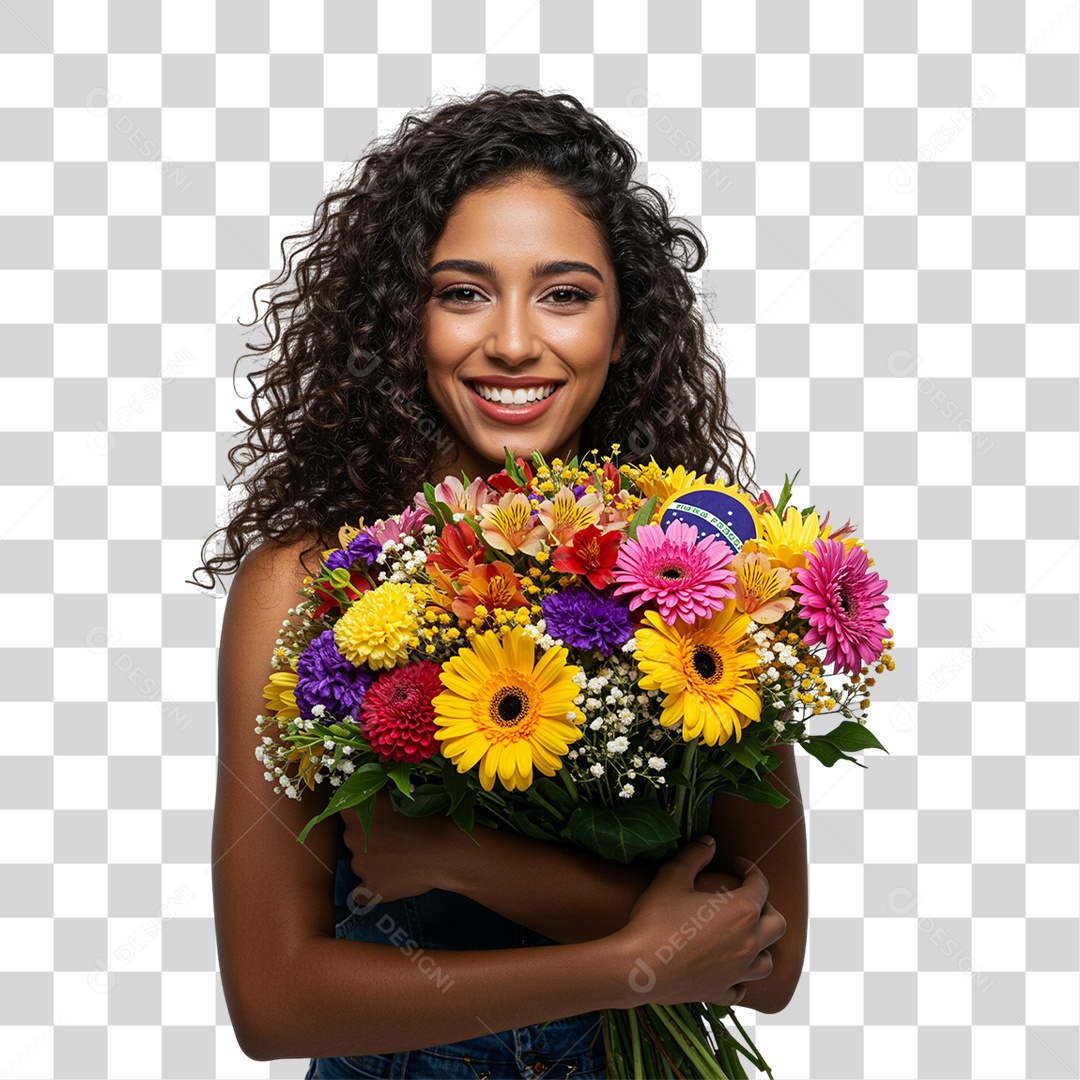 Mulher Segurando um Buquê de Flores PNG Transparente