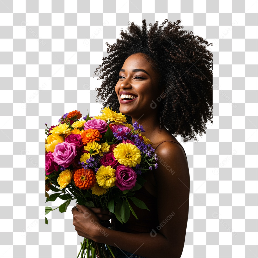 Mulher Segurando um Buquê de Flores PNG Transparente
