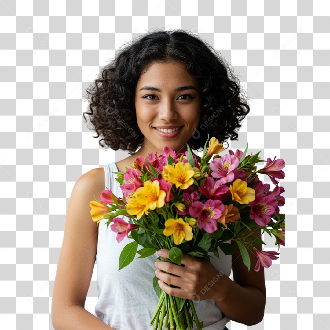 Mulher Segurando um Buquê de Flores PNG Transparente